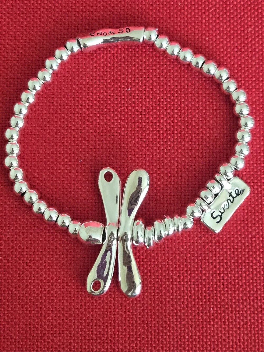 Uno De 50 • SER REBELDE • Silver Dragonfly Beaded Stretch Bracelet